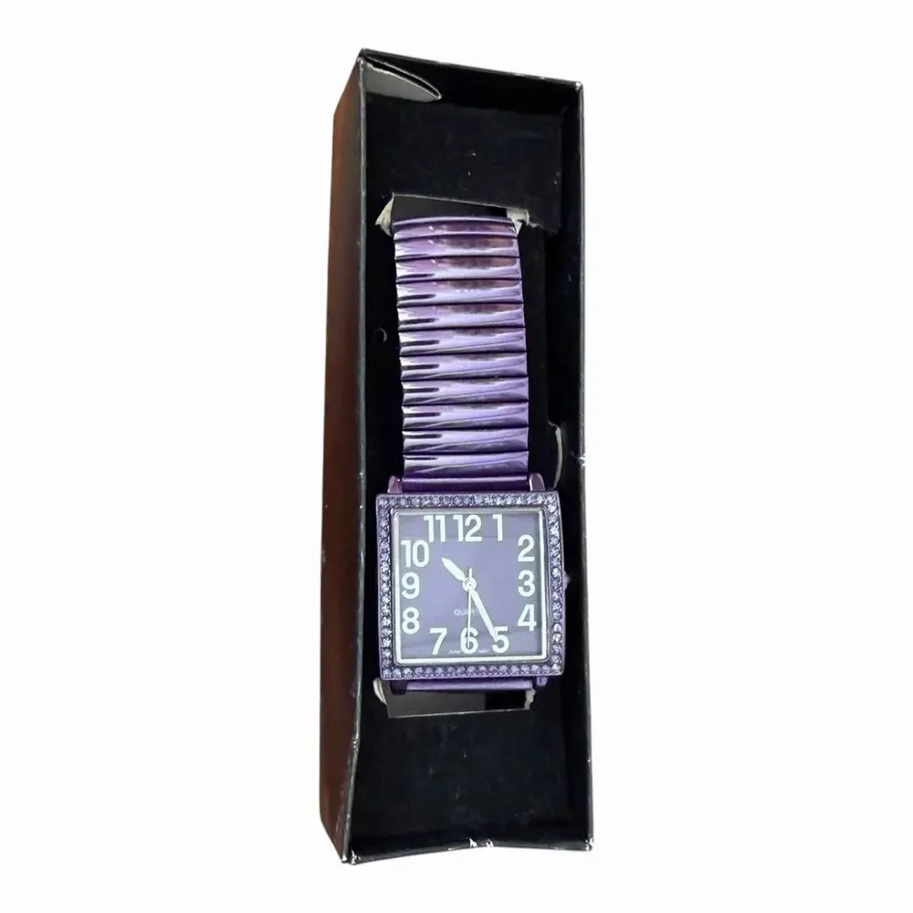 Avon Metallic Purple Stretch Band Rhinestone Bracelet Watch Rectangular Quartz
